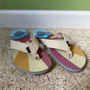 Women’s Neutral Beige Strap Sandals with Colorful Striped Footbed